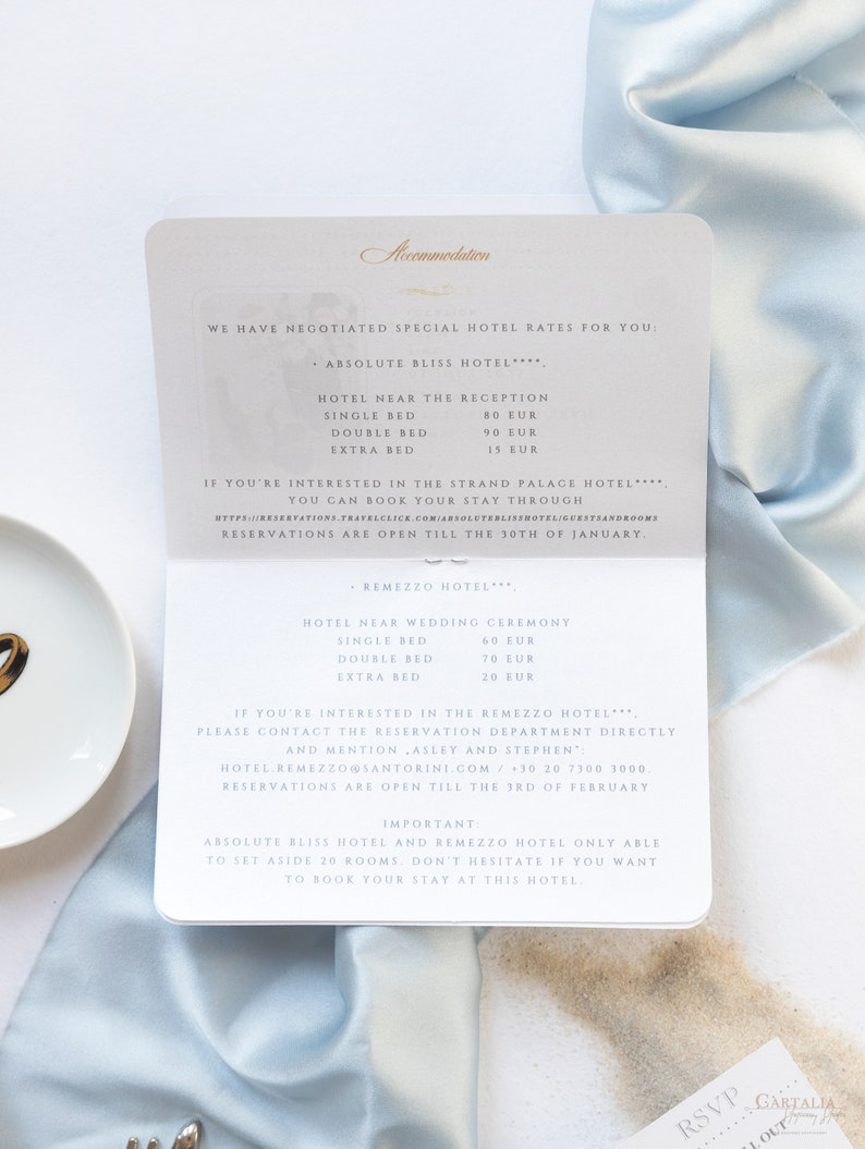 Santorini Blue Invite Luxury Passport Wedding Invitation Plane Engraved, Gold Foil Boarding Pass,Wedding Abroad, Destination Wedding, Travel image 5