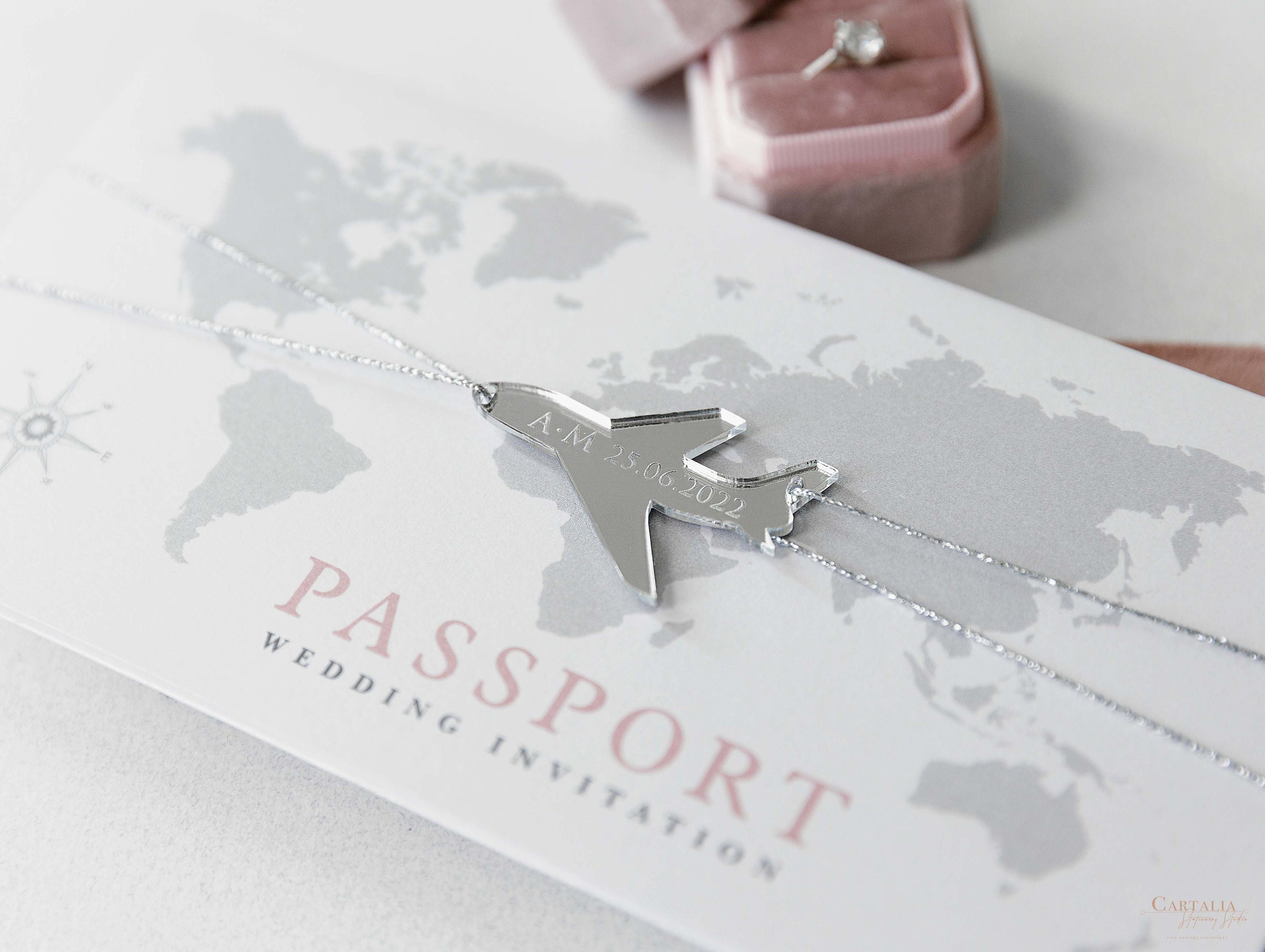 FOLDER Wallet: Personalized Luxury Silver Wedding Passport Invite in Pocket & Mirror Plane Silver Tag Passport Invitation Suite