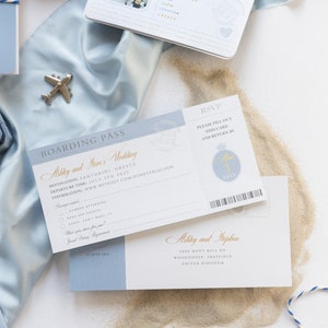 Santorini Blue Invite Luxury Passport Wedding Invitation Plane Engraved, Gold Foil Boarding Pass,Wedding Abroad, Destination Wedding, Travel image 8