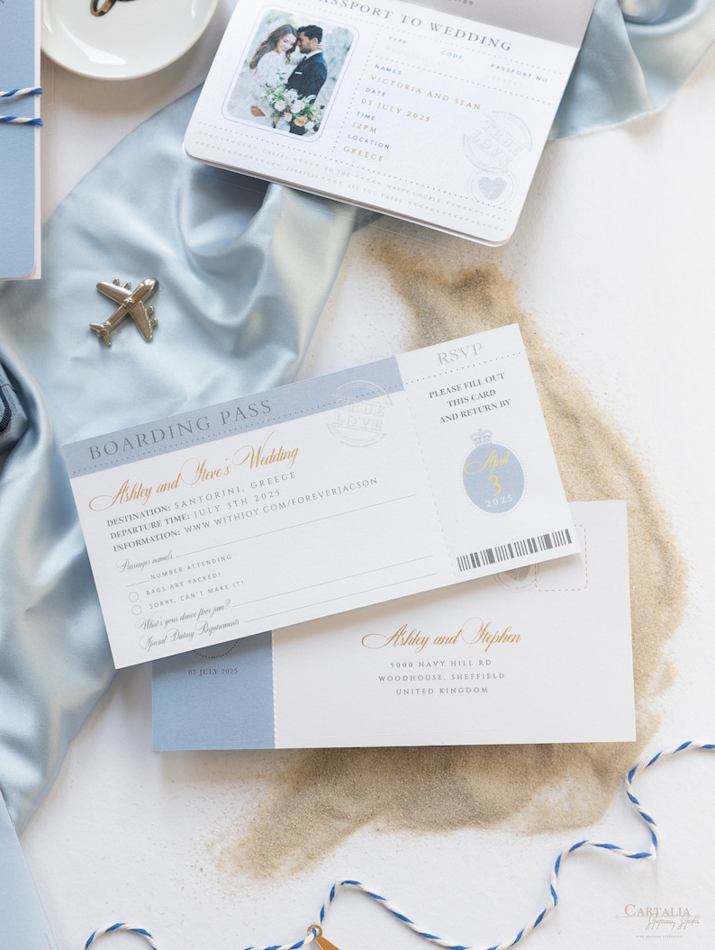 Santorini Blue Invite Luxury Passport Wedding Invitation Plane Engraved, Gold Foil Boarding Pass,Wedding Abroad, Destination Wedding, Travel image 8