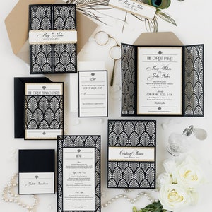 Black Laser cut, Art Deco, Gold Great Gatsby 1920's Personalized Gatefold Wedding Invitation, Glitter Custom Monogram & Envelope, Die Cut image 10