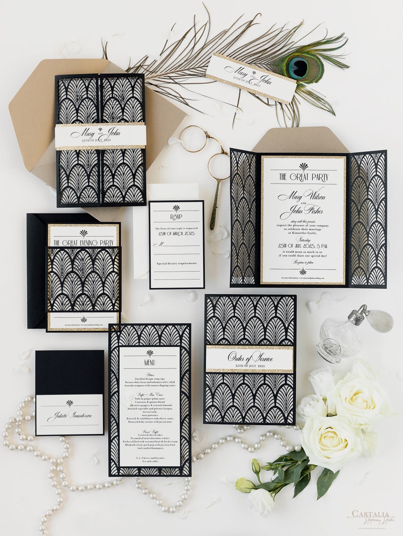 Black Laser cut, Art Deco, Gold Great Gatsby 1920's Personalized Gatefold Wedding Invitation, Glitter Custom Monogram & Envelope, Die Cut image 10
