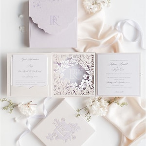 Caja de alta costura: Invitación de boda de corte láser de nivel lujosamente intrincado en 3D, invitación moderna en color lila y morado