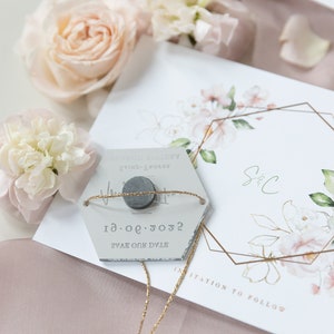 Magnet Save the date in Rose Gold Foil - Luxury Mirror Plexi Acrylic Hexagon, Save The Date Cards, Floral Blush Watercolor Design + Envelope