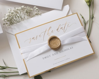 Luxury Seal Save the Date Cupid's Bow Gold Foil Trim and Satin Raw Ribbon Edge , Save Our Date Cards, Wedding Day Card , Save The Dates