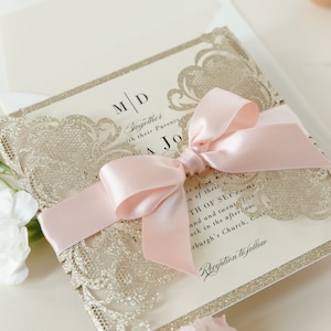 Deluxe Laser Cut Invitations, Gold Glitter Luxury Gatefold Invitation & Blush Rose French Satin Ribbon, Traditional Wedding Invitation