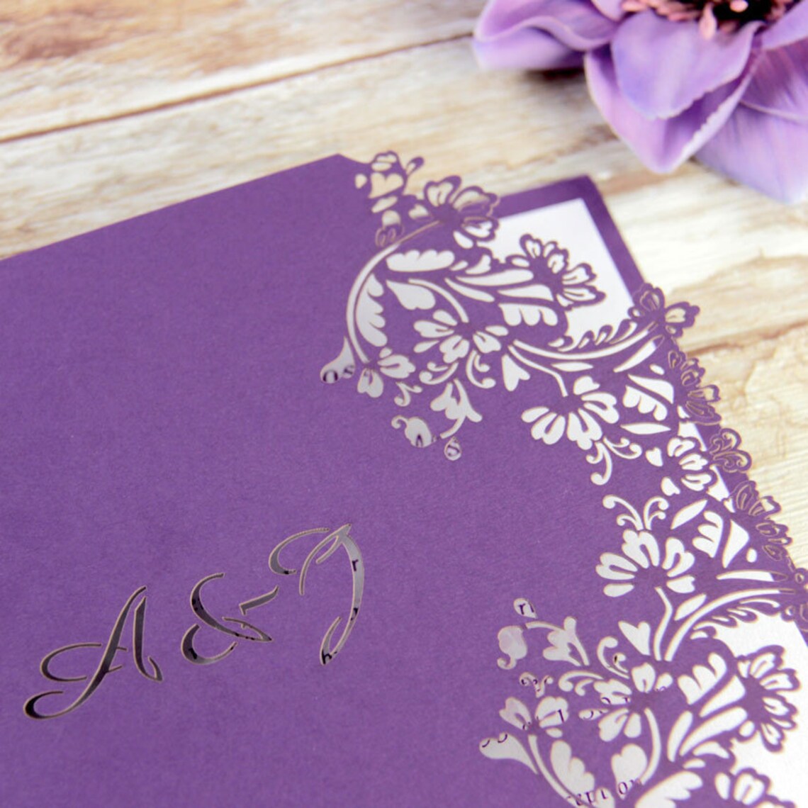 Purple Flower Laser Cut Wedding Invitation With Complimentary Etsy