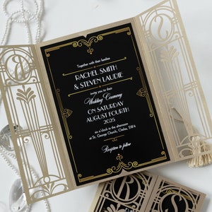 Art Deco Great Gatsby Black & Gold Gatefold Convite de casamento Monograma, Hollywood convida w Envelope, Golden Laser Cut Gate, Retro, Die Cut