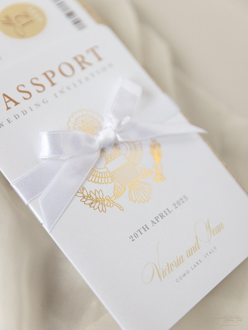 Luxury Passport Wedding Invitation Glitter Champagne and Gold Foil Boarding Pass Invite,Wedding Abroad, Destination Wedding, Travel, Ticket image 3