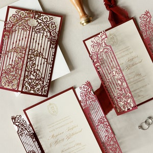 Stunning Marsala Ornamental Gate Laser Cut Wedding Invitation Gatefold & Real Gold foil, Monogram Design, Burgundy Gate with Envelopes