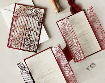 Stunning Marsala Ornamental Gate Laser Cut Wedding Invitation Gatefold & Real Gold foil, Monogram Design, Burgundy Gate with Envelopes
