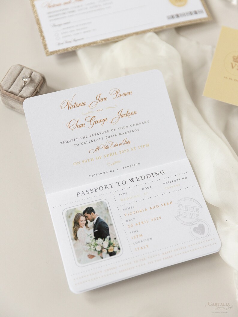 Luxury Passport Wedding Invitation Glitter Champagne and Gold Foil Boarding Pass Invite,Wedding Abroad, Destination Wedding, Travel, Ticket image 4