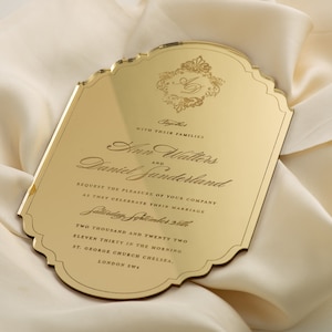 Luxury Boxed Invitation: Monogram Frame Mirror Gold Plexi Wedding Invitation - Engraved Acrylic Invitations, Gold Mirror