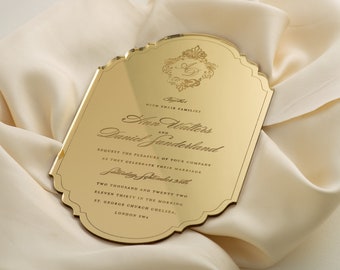 Luxury Boxed Invitation: Monogram Frame Mirror Gold Plexi Wedding Invitation - Engraved Acrylic Invitations, Gold Mirror