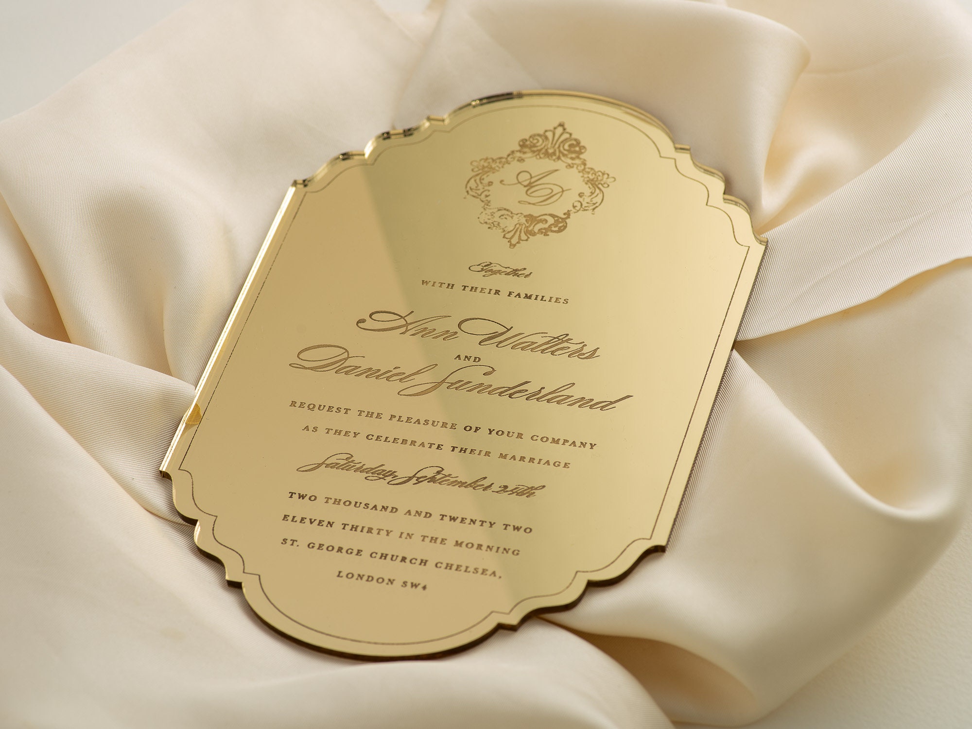 Luxury Boxed Invitation : Monogram Frame Mirror Gold Plexi Wedding  Invitation Engraved Acrylic Invitations , Gold Mirror -  Singapore