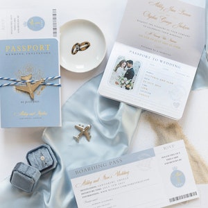 Luxury USA Passport Wedding Invitation Personalized Plane,Blue Gold Foil Boarding Pass Invite,Wedding Abroad,Destination Wedding,Travel