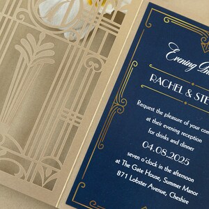 May include: A gold and blue wedding invitation with a laser cut design of a gate. The invitation reads "Evening The Rachel & Ste" and includes the date "04.08.2025" and the location "The Gate House, Summer Manor, 871 Lobster Avenue, Cheshire".