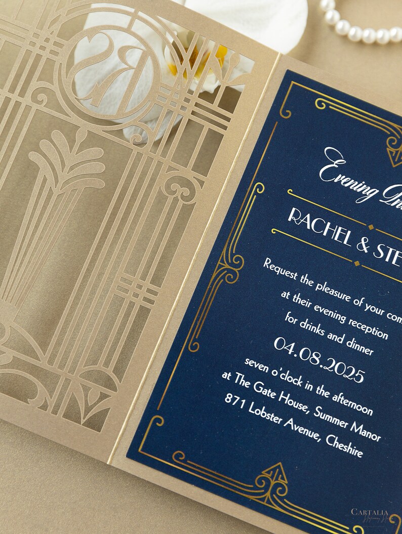 May include: A gold and blue wedding invitation with a laser cut design of a gate. The invitation reads "Evening The Rachel & Ste" and includes the date "04.08.2025" and the location "The Gate House, Summer Manor, 871 Lobster Avenue, Cheshire".