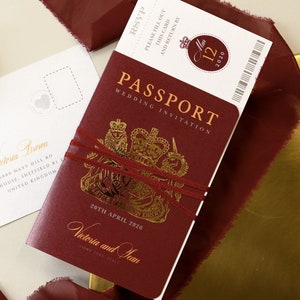 Passport Wedding Invitation Regal Deep Red with Shimmering Foil + Boarding Pass Style Rsvp