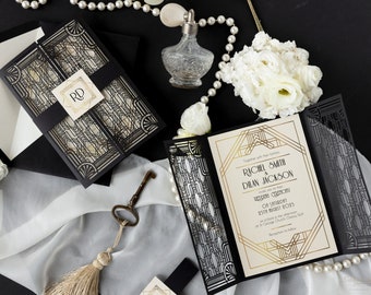 Great Gatsby Black Laser cut, Art Deco, Gold 1920's Personalized Gatefold Wedding Invitation,Custom Monogram & Envelope, Die Cut