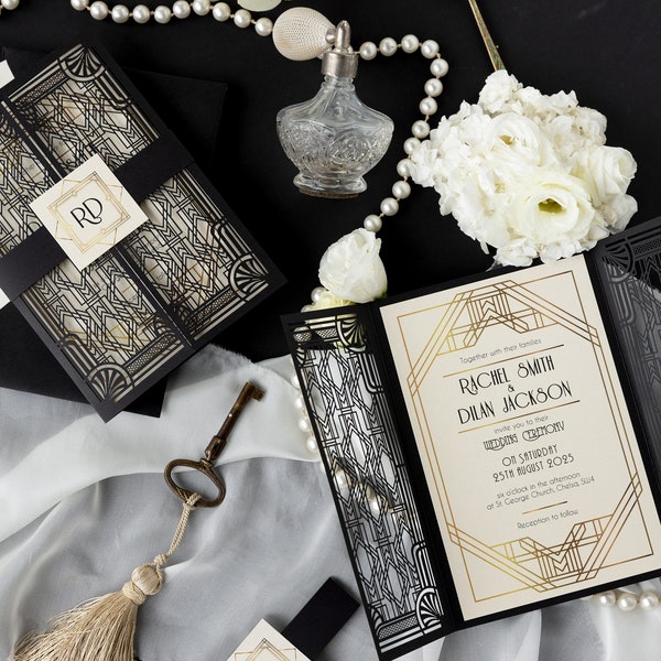 Great Gatsby Black Laser Cut, Art Deco, Gold 1920's Personalized Gatefold Wedding Invitation, Custom Monogram & Envelope, Die Cut
