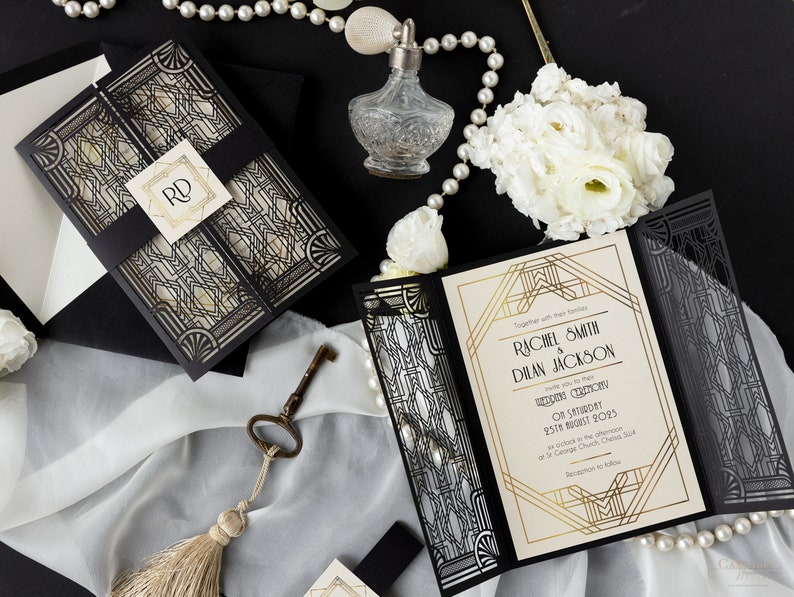 Great Gatsby Black Laser cut, Art Deco, Gold 1920's Personalized Gatefold Wedding Invitation,Custom Monogram & Envelope, Die Cut image 1