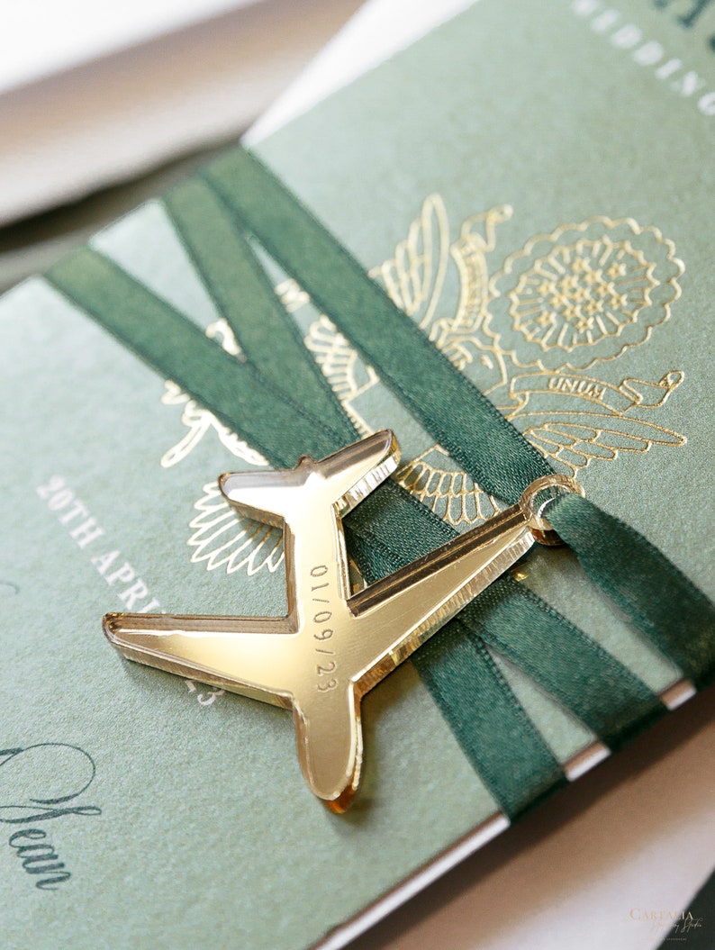 Sage Green Invite Luxury Passport Wedding Invitation Plane Engraved, Gold Foil Boarding Pass,Wedding Abroad, Destination Wedding, Travel image 3