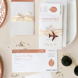 Rose Gold Luxury Passport Wedding Invitation with Real Foil Boarding Pass & Engraved Plane Invite suite