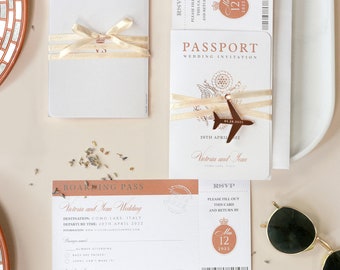 Rose Gold Luxury Passport Wedding Invitation with Real Foil Boarding Pass & Engraved Plane Invite suite