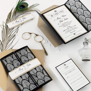Black Laser cut, Art Deco, Gold Great Gatsby 1920's Personalized Gatefold Wedding Invitation, Glitter Custom Monogram & Envelope, Die Cut image 9