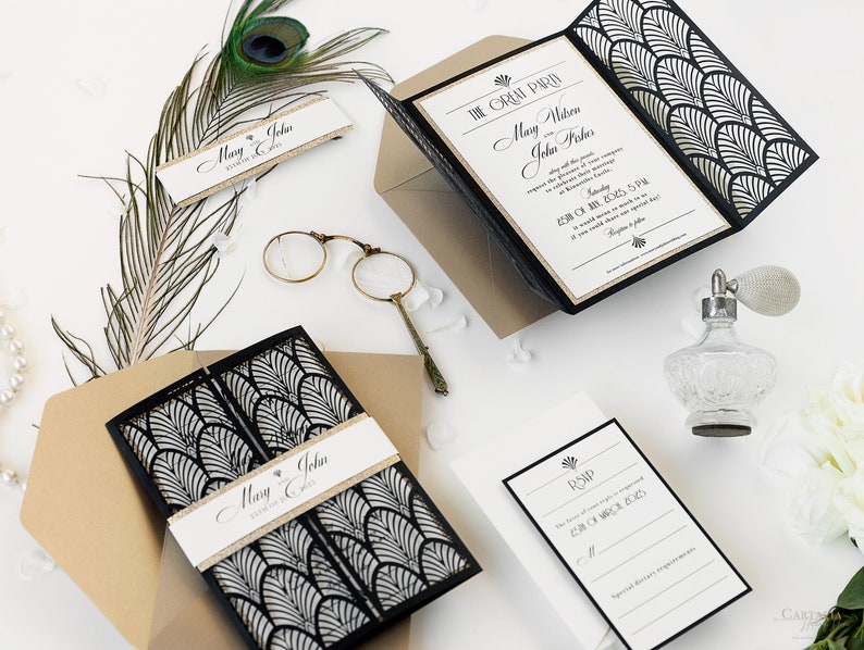 Black Laser cut, Art Deco, Gold Great Gatsby 1920's Personalized Gatefold Wedding Invitation, Glitter Custom Monogram & Envelope, Die Cut image 9
