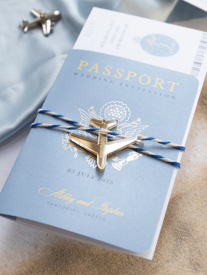 Santorini Blue Invite Luxury Passport Wedding Invitation Plane Engraved, Gold Foil Boarding Pass,Wedding Abroad, Destination Wedding, Travel image 3