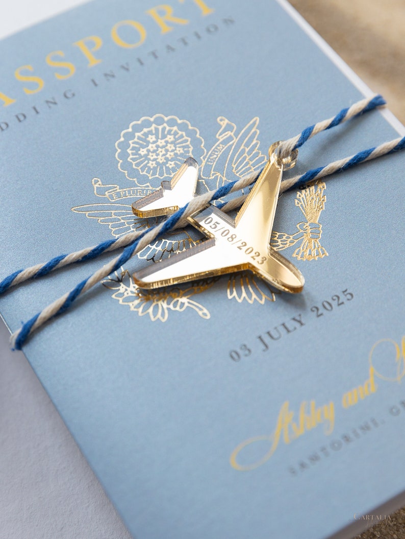 Santorini Blue Invite Luxury Passport Wedding Invitation Plane Engraved, Gold Foil Boarding Pass,Wedding Abroad, Destination Wedding, Travel image 1