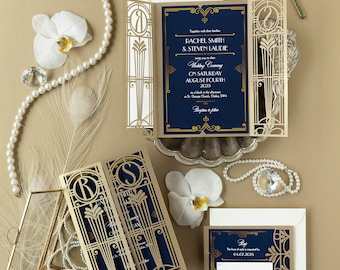 Art Deco Great Gatsby Personalized Gatefold Wedding Invitation Monogram, Hollywood Invite & Envelope, Golden Laser Cut Gate, Retro, Die Cut