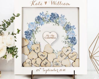 Drop Box Guest Book Classic White Floral Watercolour Elegant Alternative Personalised  Oak frame Wedding with Hearts and Burlap Pouch Frame