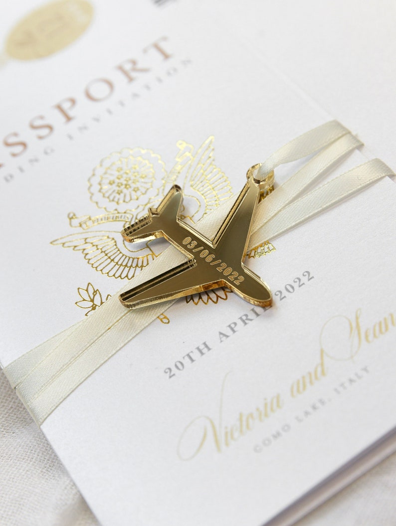 Gold Invite Plane Luxury Passport Wedding Invitation Plane Engraved, Gold Foil Boarding Pass,Wedding Abroad, Destination Wedding,Travel image 3