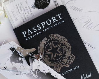 Passport Invite FOLDER Wallet: Black Luxury Wedding Destination Invite in Silver Foil + Plexi Mirror Plane Tag Passport Invitation Suite