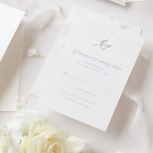 Luxurious Pearl Foil Intricate Laser Cut Roses Wedding Invitation Suite with Rsvp Detail & Belly Band Style Wrap, Pocketfold Invitation image 8