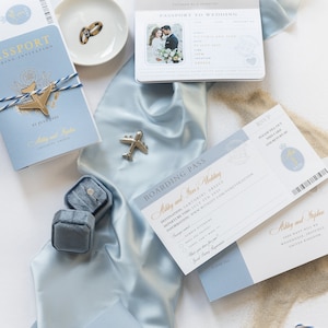 Santorini Blue Invite Luxury Passport Wedding Invitation Plane Engraved, Gold Foil Boarding Pass,Wedding Abroad, Destination Wedding, Travel image 7