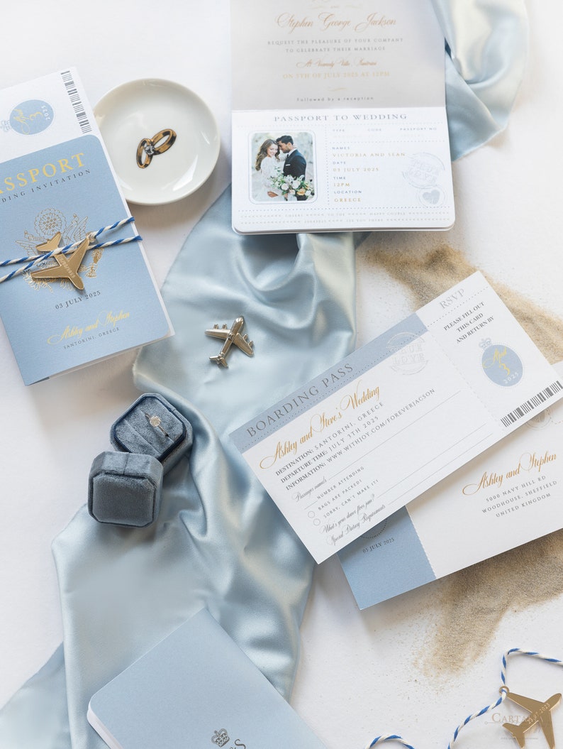 Santorini Blue Invite Luxury Passport Wedding Invitation Plane Engraved, Gold Foil Boarding Pass,Wedding Abroad, Destination Wedding, Travel image 7
