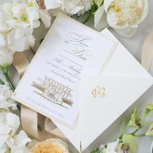 Elegante invitación para boda con lámina dorada para guardar la fecha o ilustración personalizada del lugar