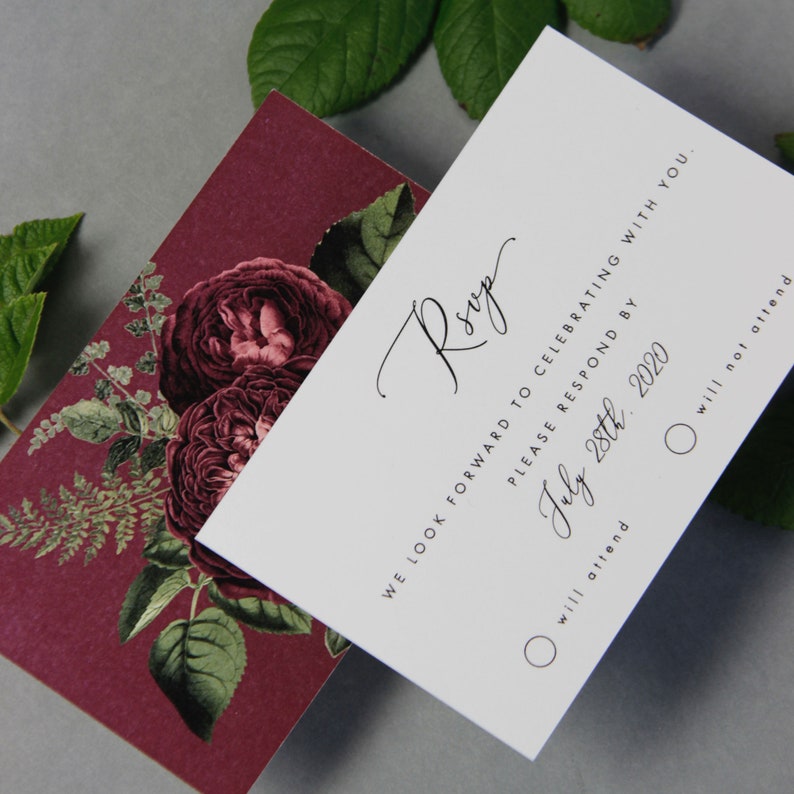 Wax Seal Burgundy Marsala Wedding Invitation Calligraphy Vellum Parchment Sleeve Floral Wedding Invite Folder with RSVP Custom Envelope image 9