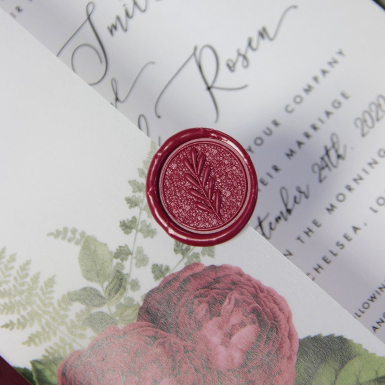 Wax Seal Burgundy Marsala Wedding Invitation Calligraphy Vellum Parchment Sleeve Floral Wedding Invite Folder with RSVP Custom Envelope image 7