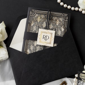 Great Gatsby Black Laser cut, Art Deco, Gold 1920's Personalized Gatefold Wedding Invitation,Custom Monogram & Envelope, Die Cut image 2