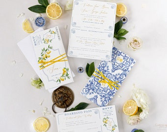 Passeport Invitation de mariage Citron, Citrons Sun Italie Mariage, Tuiles Siciliennes, Embarquement RSVP, Destination Mariage, Voyage Mariage, Billet d’avion