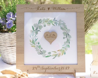Large Classic Lightened Oak Rustic Elegant Alternative Personalised drop box Oak frame Wedding Guest Book with Hearts and Burlap Pouch Frame