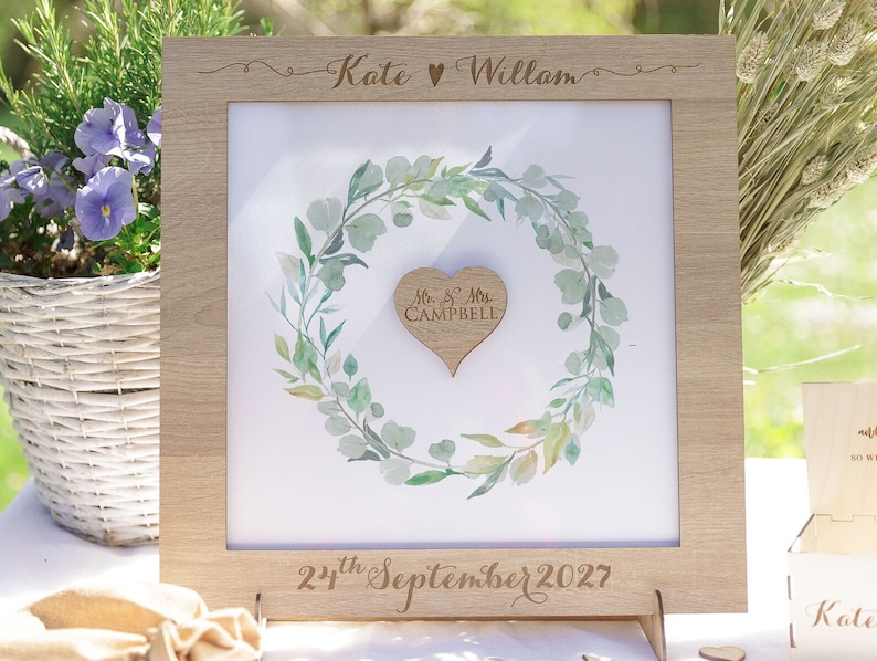Large Classic Lightened Oak Rustic Elegant Alternative Personalised drop box Oak frame Wedding Guest Book with Hearts and Burlap Pouch Frame image 1