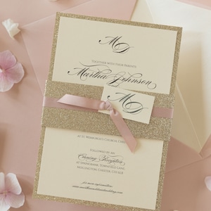 Modern Gold Glitter Wedding Invitation with Belly Band, Simple Rose Pink Elegance Pink Ribbon, Custom Tag, Rsvp Card Envelopes w/ Liners image 8