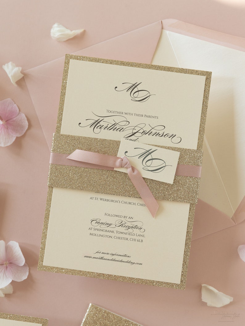 Modern Gold Glitter Wedding Invitation with Belly Band, Simple Rose Pink Elegance Pink Ribbon, Custom Tag, Rsvp Card Envelopes w/ Liners image 8