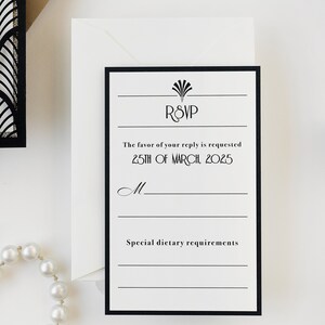 Black Laser cut, Art Deco, Gold Great Gatsby 1920's Personalized Gatefold Wedding Invitation, Glitter Custom Monogram & Envelope, Die Cut image 7